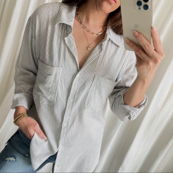 Classic Striped Button-Up Shirt—Ivory/Black - Picture 9 of 14